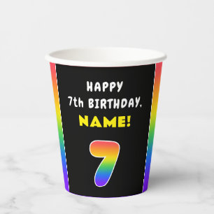7th Birthday: Colorful Rainbow # 7, Custom Name Paper Cups