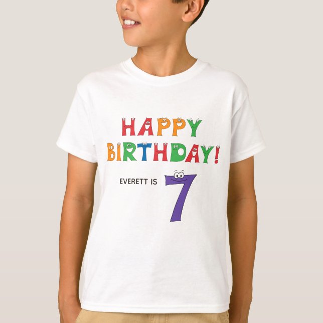 7th Birthday Colourful Alphabet with Name Kids T-Shirt (Front)