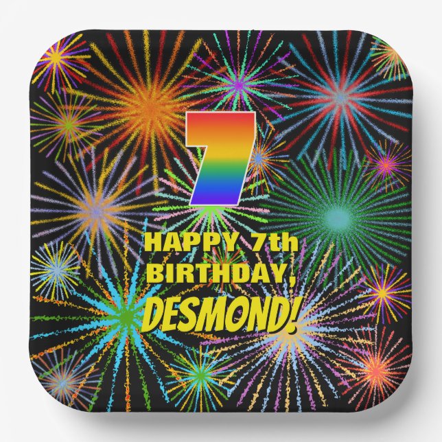 7th Birthday: Colourful, Fun Celebratory Fireworks Paper Plate (Front)