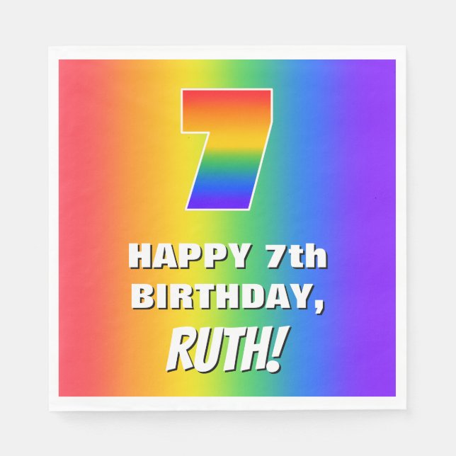 7th Birthday: Colourful, Fun Rainbow Pattern # 7 Napkin (Front)