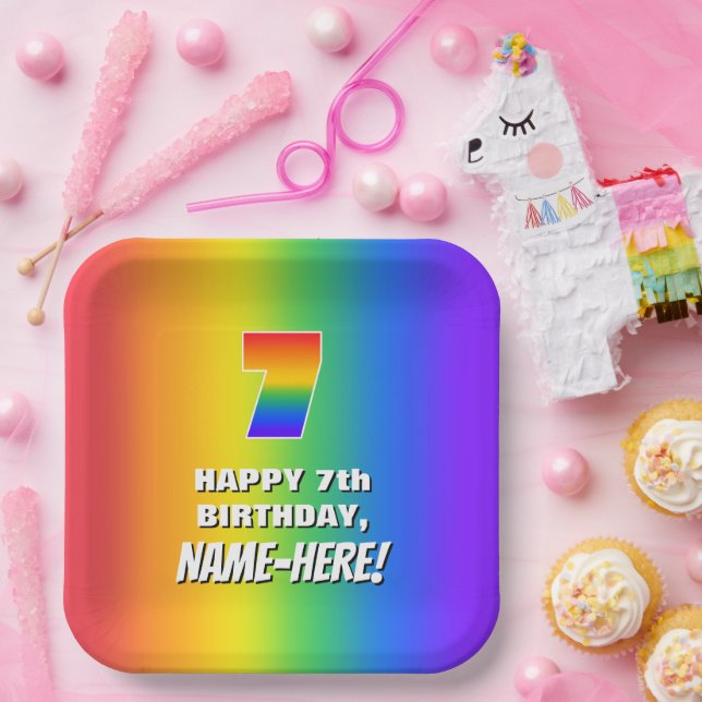 7th Birthday: Colourful, Fun Rainbow Pattern # 7 Paper Plate (Party)