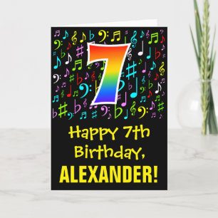 7th Birthday: Colourful Music Symbols + Rainbow 7 Card