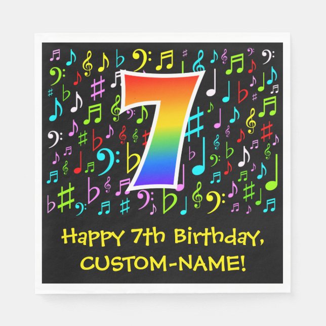 7th Birthday - Colourful Music Symbols, Rainbow 7 Napkin (Front)