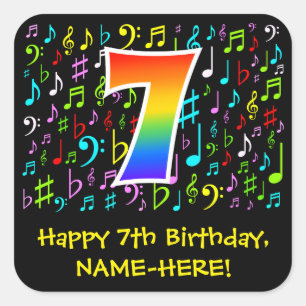 7th Birthday: Colourful Music Symbols, Rainbow 7 Square Sticker