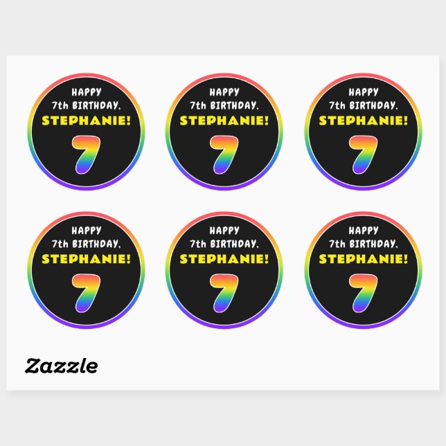 7th Birthday: Colourful Rainbow # 7, Custom Name Classic Round Sticker (Sheet)