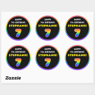 7th Birthday: Colourful Rainbow # 7, Custom Name Classic Round Sticker