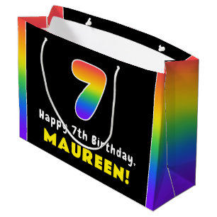 7th Birthday: Colourful Rainbow # 7, Custom Name Large Gift Bag
