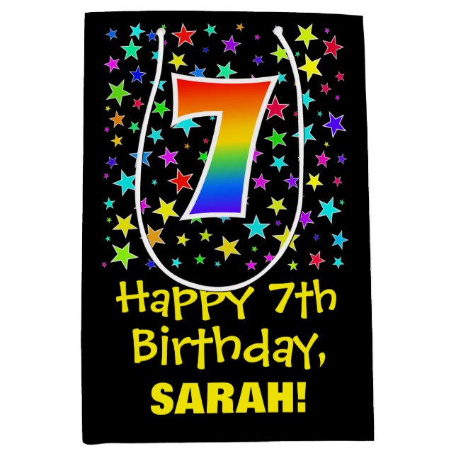 7th Birthday: Colourful Stars Pattern & Rainbow 7 Medium Gift Bag (Front)