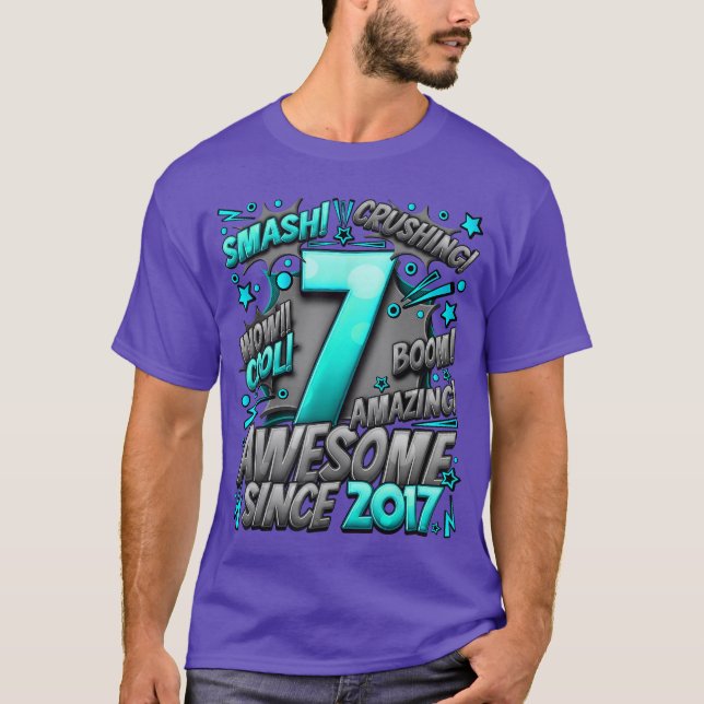 7th Birthday Comic Style Awesome since 2017 7 Year T-Shirt (Front)