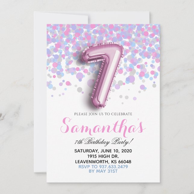 7th Birthday Confetti Invitation (Front)