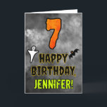 7th Birthday: Eerie Halloween Theme   Custom Name Card<br><div class="desc">The front of this scary and spooky Halloween themed birthday greeting card design features a large number “7” and the message “HAPPY BIRTHDAY, ”, plus a customisable name. There are also depictions of a ghost and a bat on the front. The inside features a customised birthday greeting message, or could...</div>