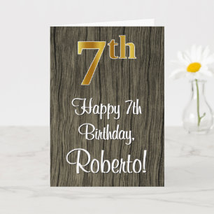 7th Birthday: Elegant Faux Gold Look #, Faux Wood Card