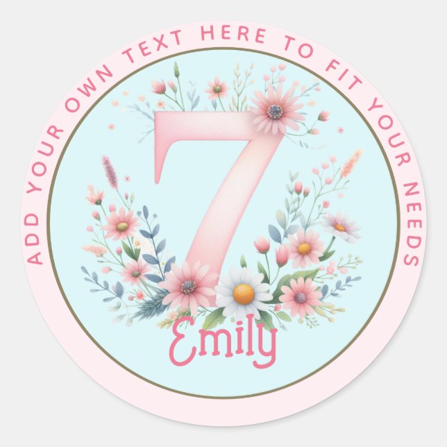 7th Birthday Fairy Floral Pink Princess Fairytale Classic Round Sticker (Front)