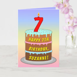 7th Birthday — Fun Cake & Candle, With Custom Name Card
