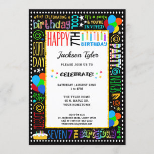 7th Birthday Fun Colour Crazy Text on Black Party Invitation