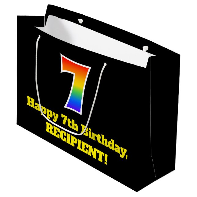 7th Birthday ~ Fun, Colourful, Vibrant, Rainbow 7 Large Gift Bag (Front Angled)