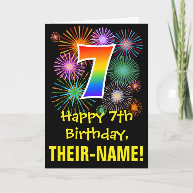 7th Birthday: Fun Fireworks Pattern + Rainbow 7 Card (Front)