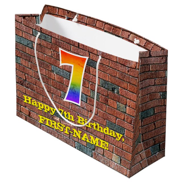 7th Birthday: Fun, Graffiti-Inspired Rainbow # 7 Large Gift Bag (Back Angled)