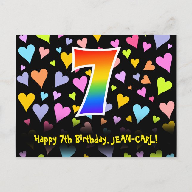 7th Birthday: Fun Hearts Pattern, Rainbow 7 Postcard (Front)