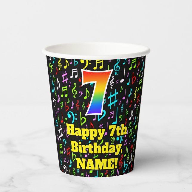 7th Birthday: Fun Music Notes Pattern, Rainbow 7 Paper Cups (Back)
