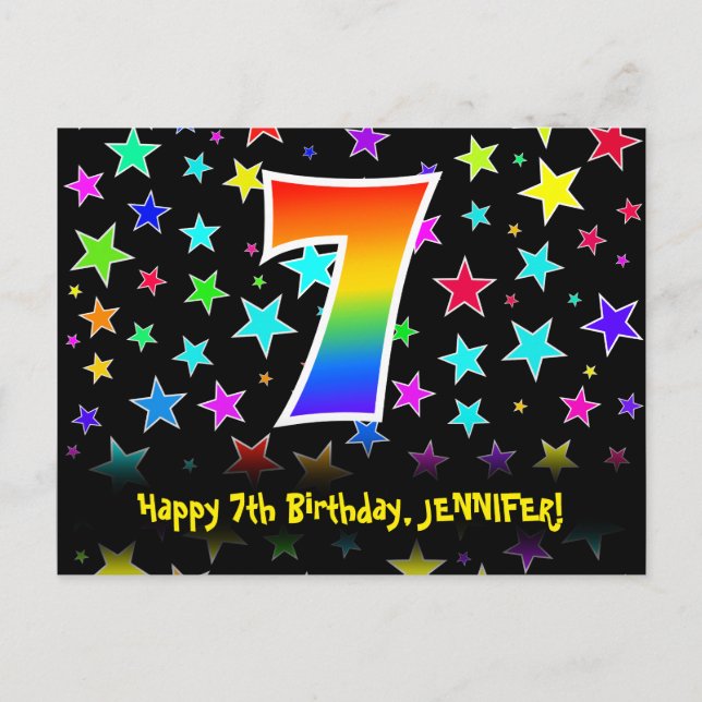 7th Birthday: Fun Stars Pattern, Rainbow 7, Name Postcard (Front)
