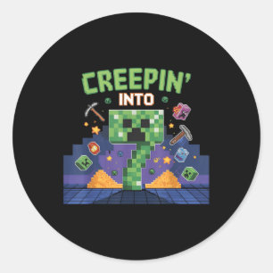 7th Birthday Gamer Pixel Creepin’ Into 7 Video Gam Classic Round Sticker