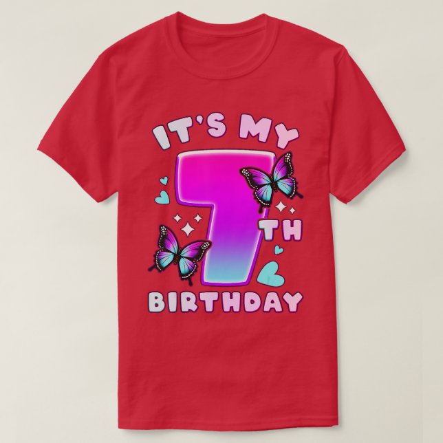 7th Birthday Girl 7 Years Butterflies And Number 7 T-Shirt (Design Front)