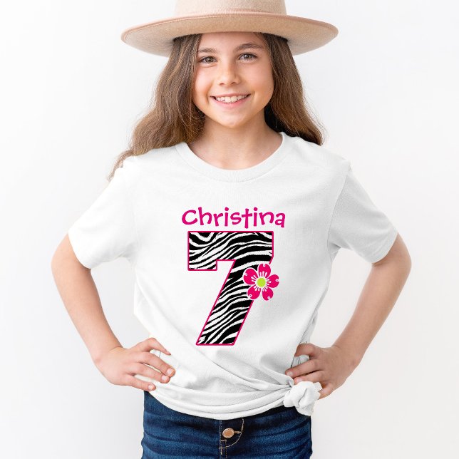 7th Birthday Girl Hot Pink & Black Zebra Pattern T-Shirt (Creator Uploaded)