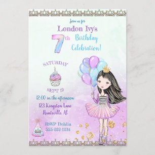 7th Birthday Girl Princess Cupcake Balloons Invitation