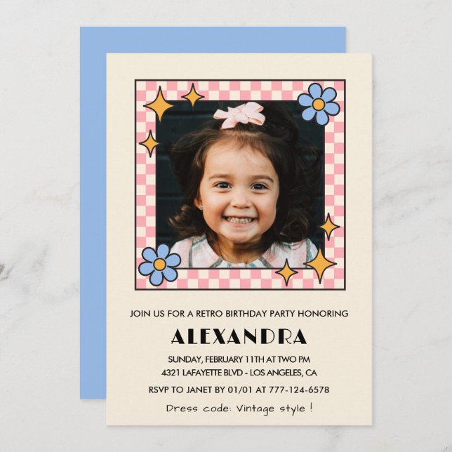 7th birthday invitation Retro Groovy Blue Floral (Front/Back)
