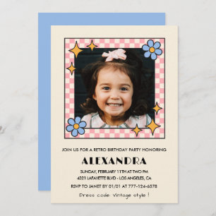 7th birthday invitation Retro Groovy Blue Floral