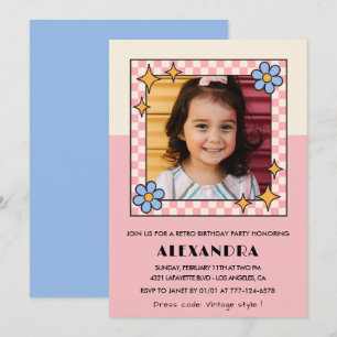 7th birthday invitation Retro Groovy Pink Flowers