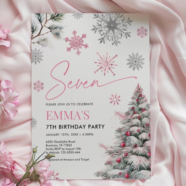 7th Birthday Invitation, Winter 7th Birthday Pink Invitation (Creator Uploaded)