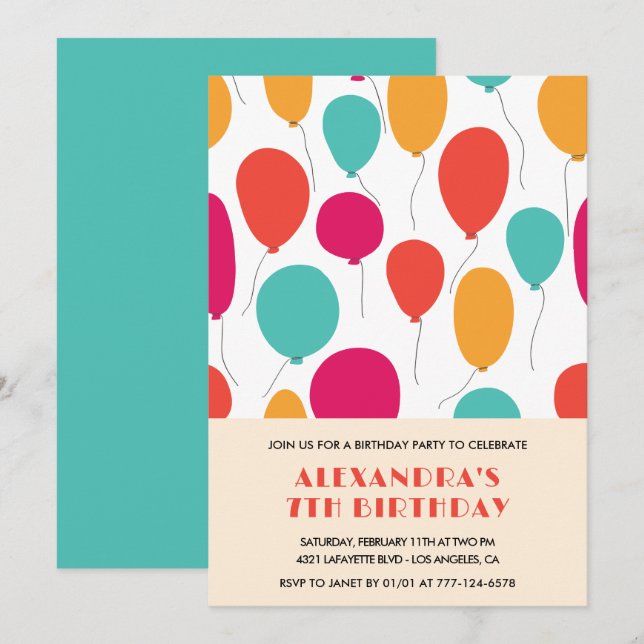 7th birthday invitations Balloons Colourful (Front/Back)