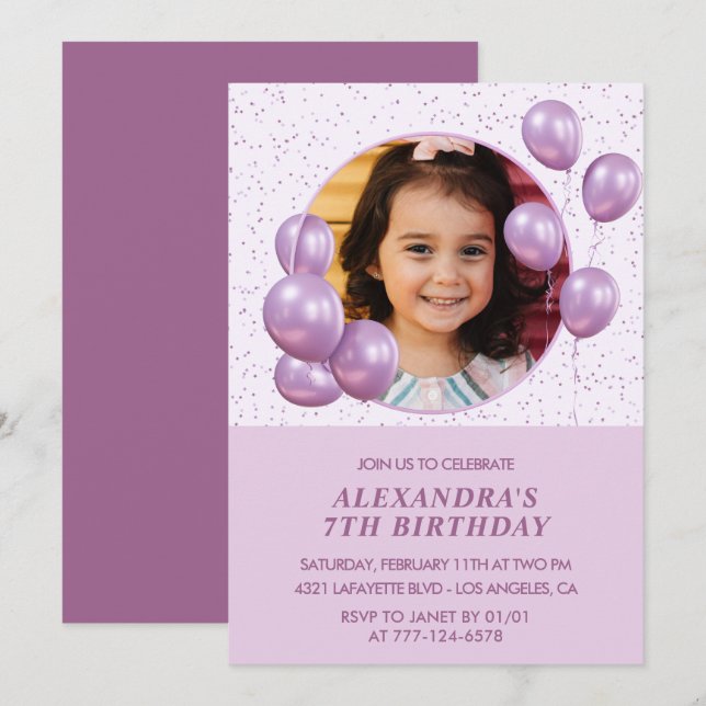 7th birthday invitations Balloons Photo Purple (Front/Back)