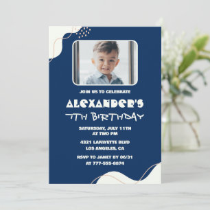 7th birthday invitations Boy Photo Simple Navy 