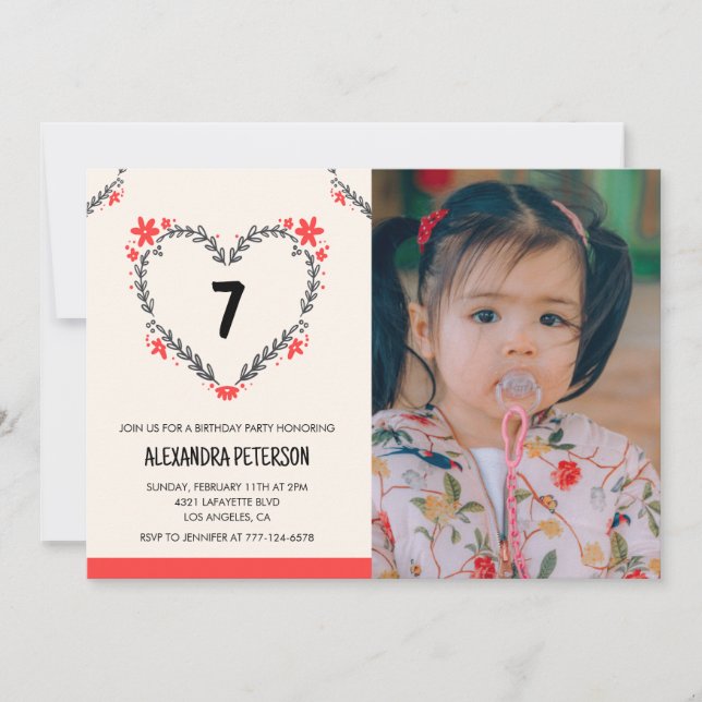 7th birthday invitations for her Floral Heart (Front)