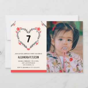 7th birthday invitations for her Floral Heart