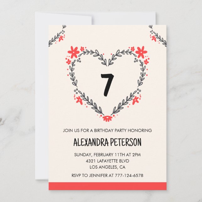 7th birthday invitations for her floral heart (Front)