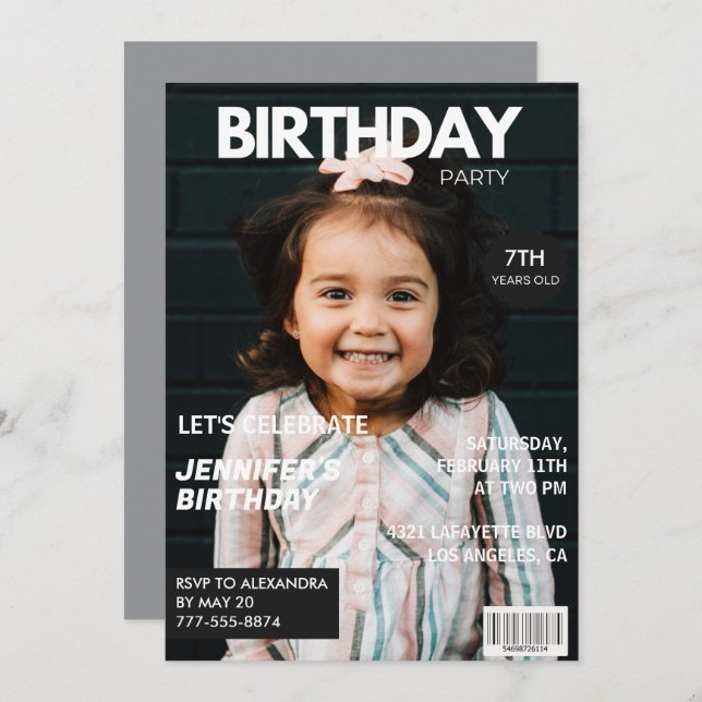7th birthday invitations for her Magazine Cover (Front/Back)