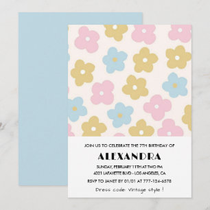 7th birthday invitations Girl Blue Pink Floral
