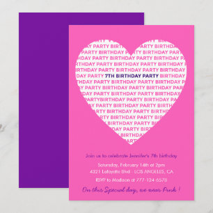 7th birthday invitations Pink Heart Modern