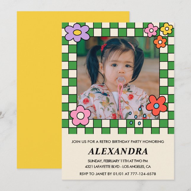 7th birthday invitations Retro Groovy Flowers (Front/Back)