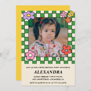 7th birthday invitations Retro Groovy Flowers