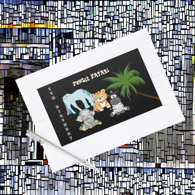 7th Birthday Jungle Safari Elephant Zebra Unicorn  Rectangular Sticker (7th Birthday Jungle Safari Elephant Zebra Unicorn Rectangular Sticker)