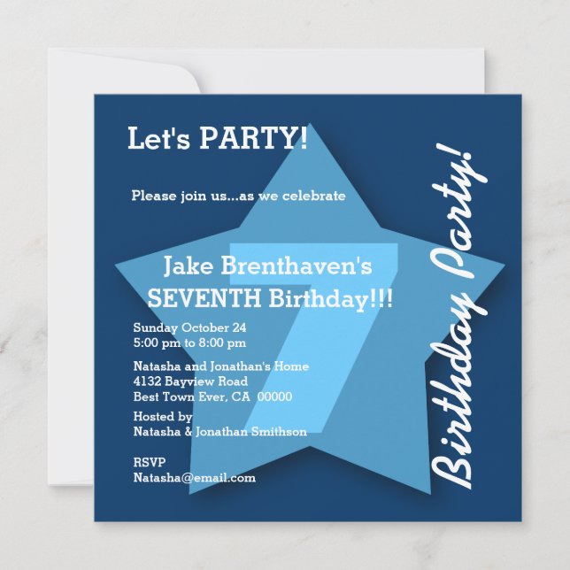 7th Birthday KIDS Seven Year Old Big Blue Star K07 Invitation (Front)
