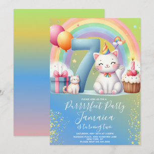 7th Birthday Kitten Rainbow Party Invitation