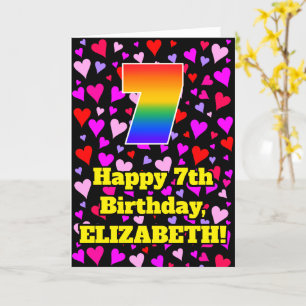 7th Birthday: Loving Hearts Pattern, Rainbow # 7 Card