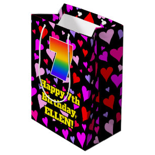7th Birthday: Loving Hearts Pattern, Rainbow # 7 Medium Gift Bag