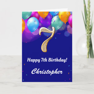 7th Birthday Navy Blue and Gold Colourful Balloons Card